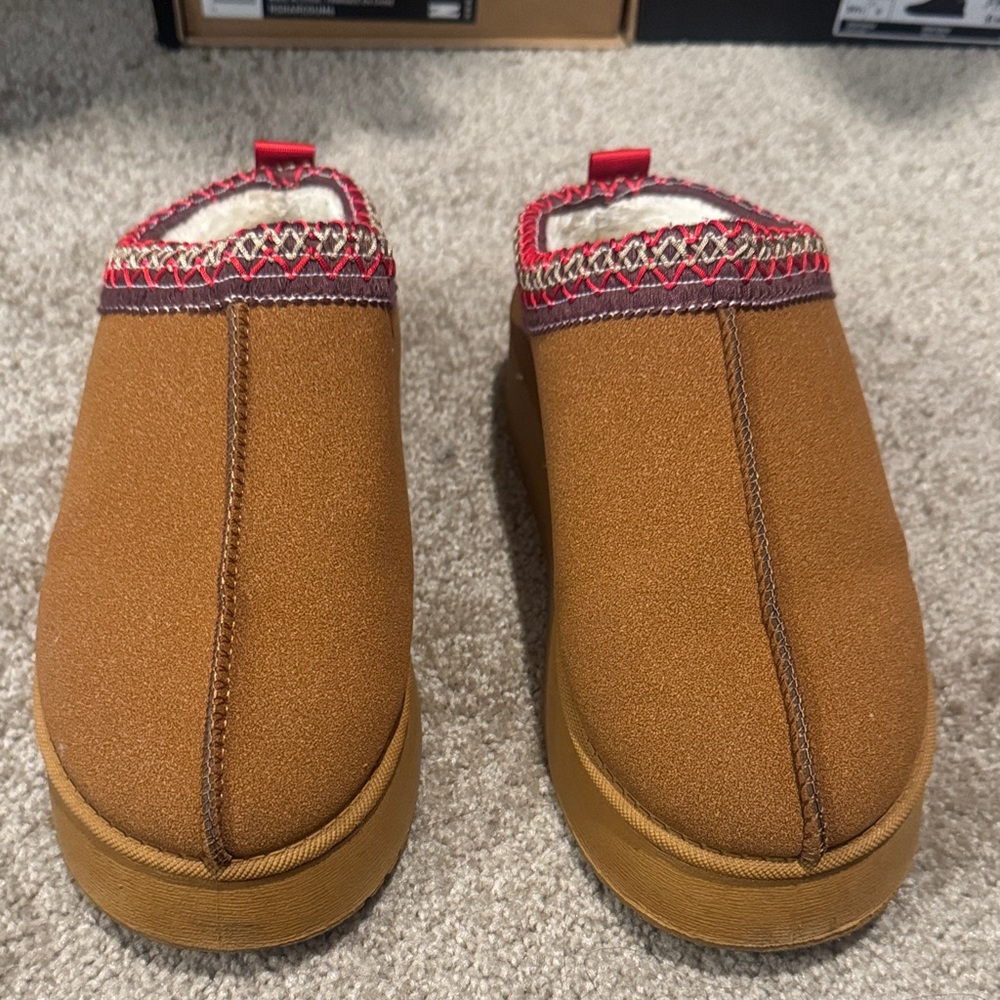 Cozy Brown Slip-On Slippers with Red Trim